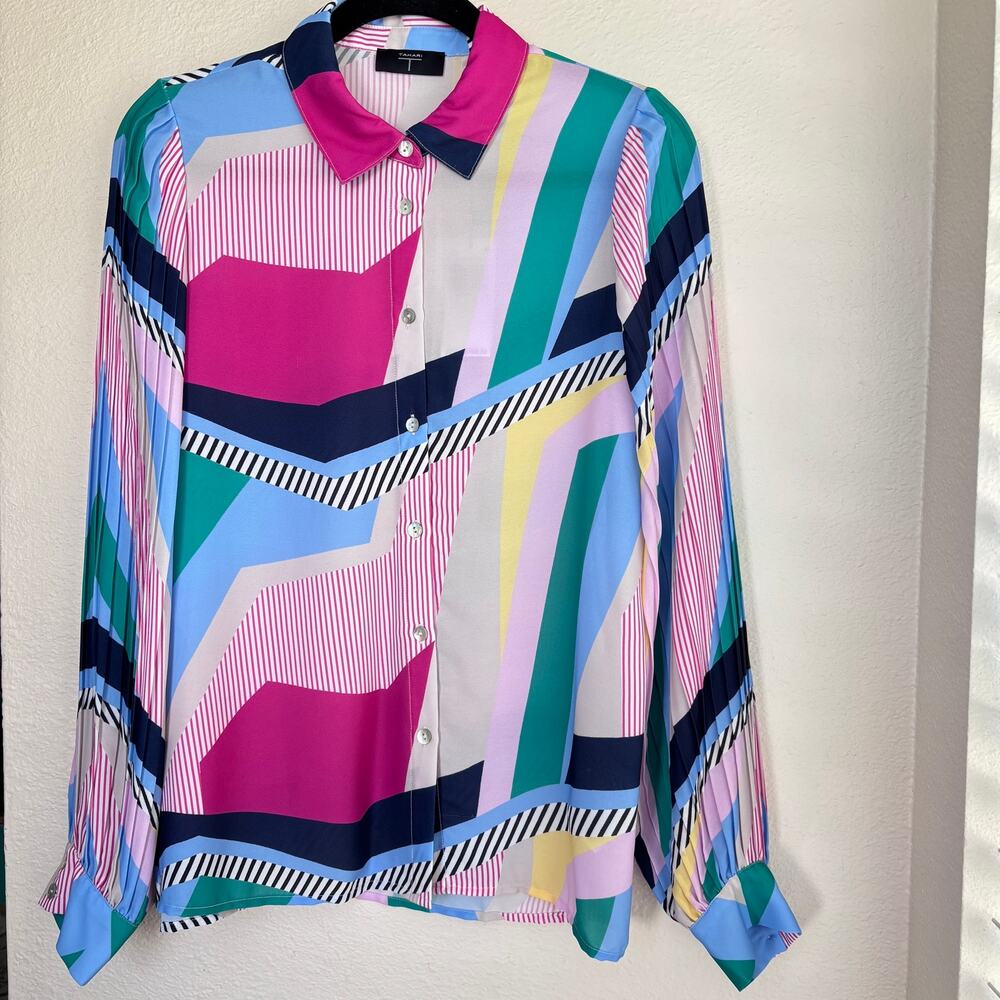 NWT Tahari Kaleidoscope Print Pleated Long Sleeve Blouse Size-S